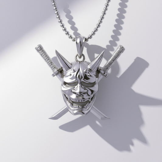 A gold-colored samurai oni pendant with a detailed mask design, displayed against a traditional Japanese art-inspired background with a stylized illustration of a samurai.