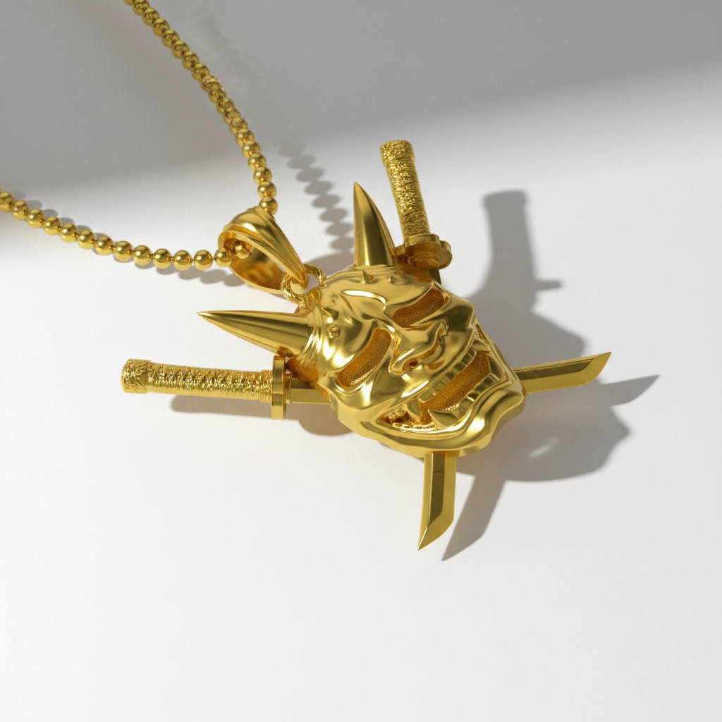 Gold pendant shaped like a stylized mask on a white background