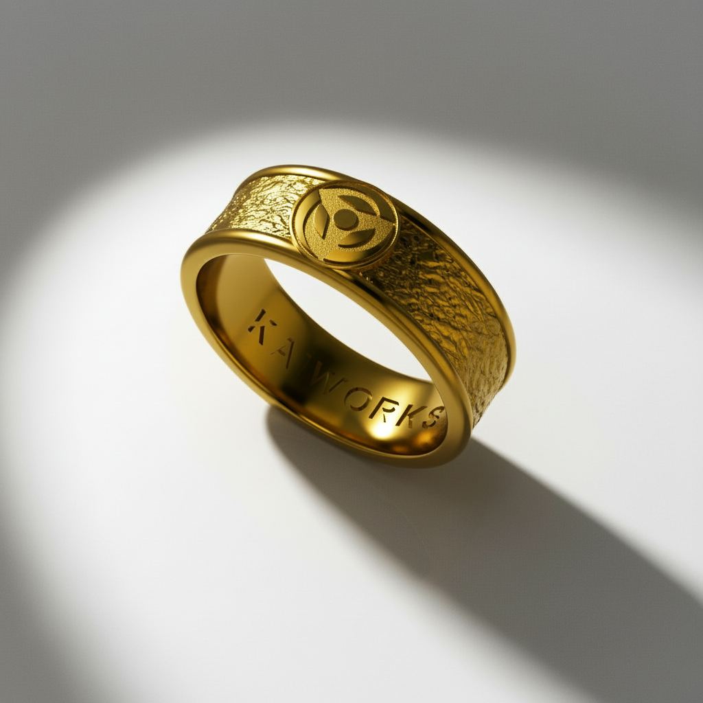 A silver ring with a sculpted eye design, featuring intricate details and a raised emblem, displayed against an anime character's costume.