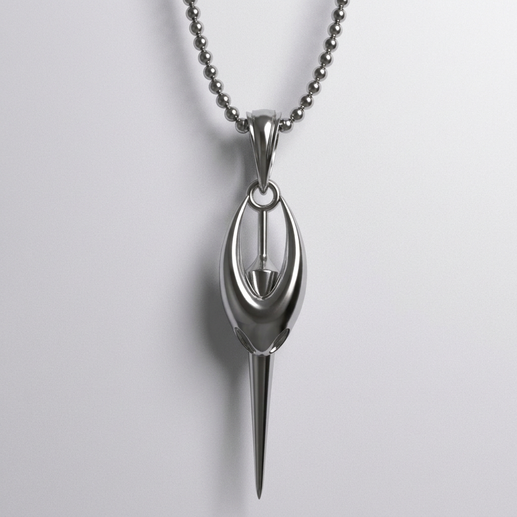 Silver spoon-shaped pendant on a chain against a white background