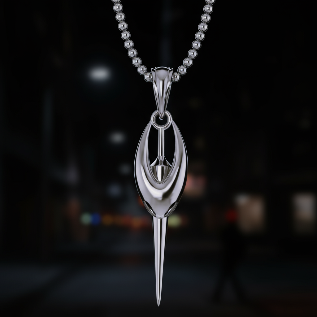 Silver pendant necklace on a dark background