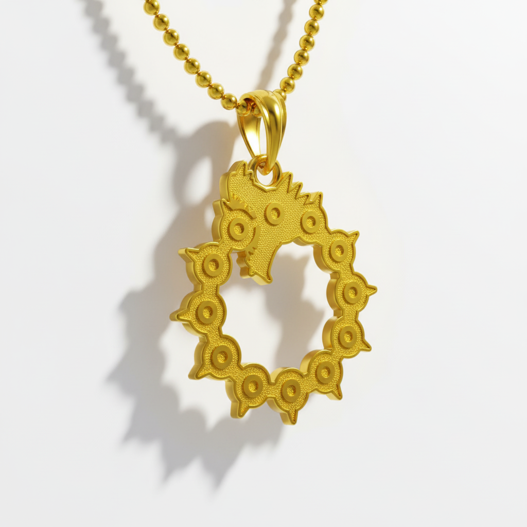 A 14K gold pendant with a dragon motif on a chain, displayed against a textured background.