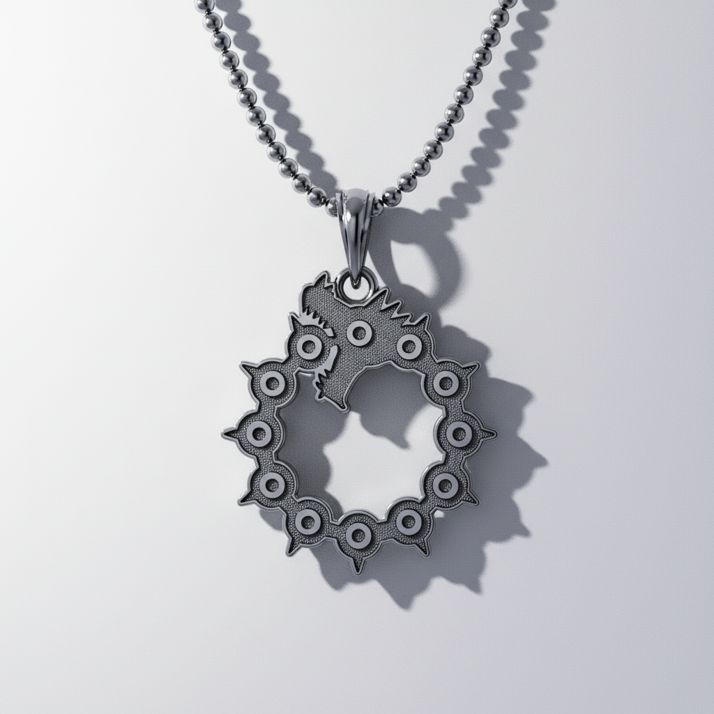 A silver pendant with a dragon motif, set against a textured background resembling a warrior's helmet.