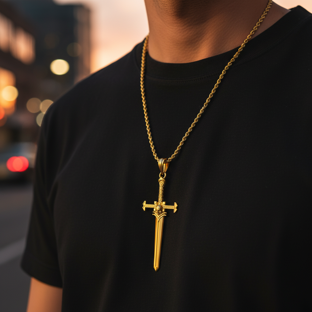 Person wearing a black shirt with a gold necklace featuring a sword pendant on a blurred city street background.