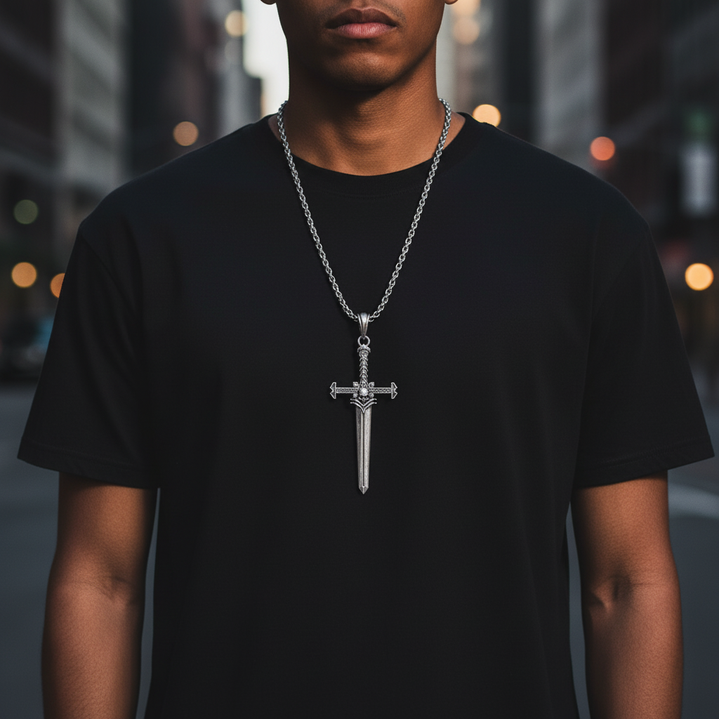 Person wearing a black t-shirt with a silver chain and cross pendant in an urban setting
