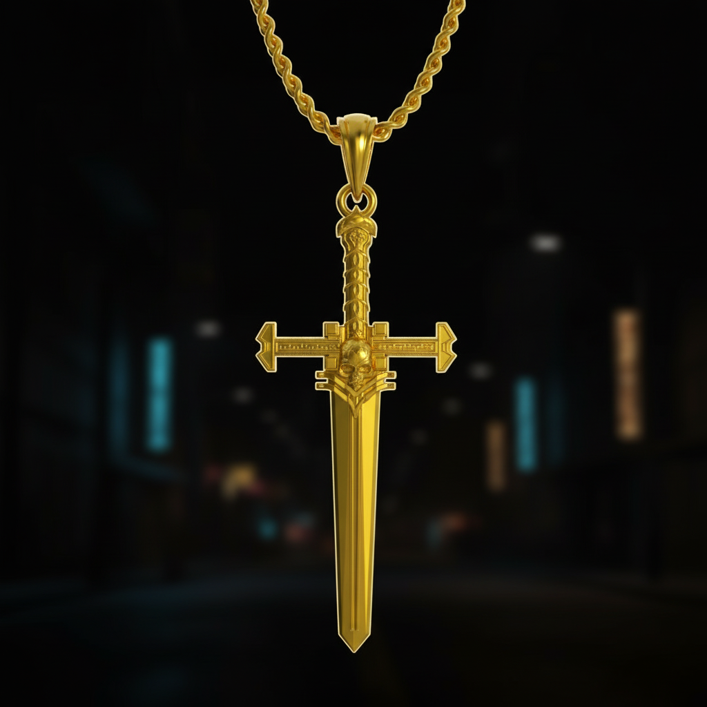 Gold sword-shaped pendant on a chain against a dark background