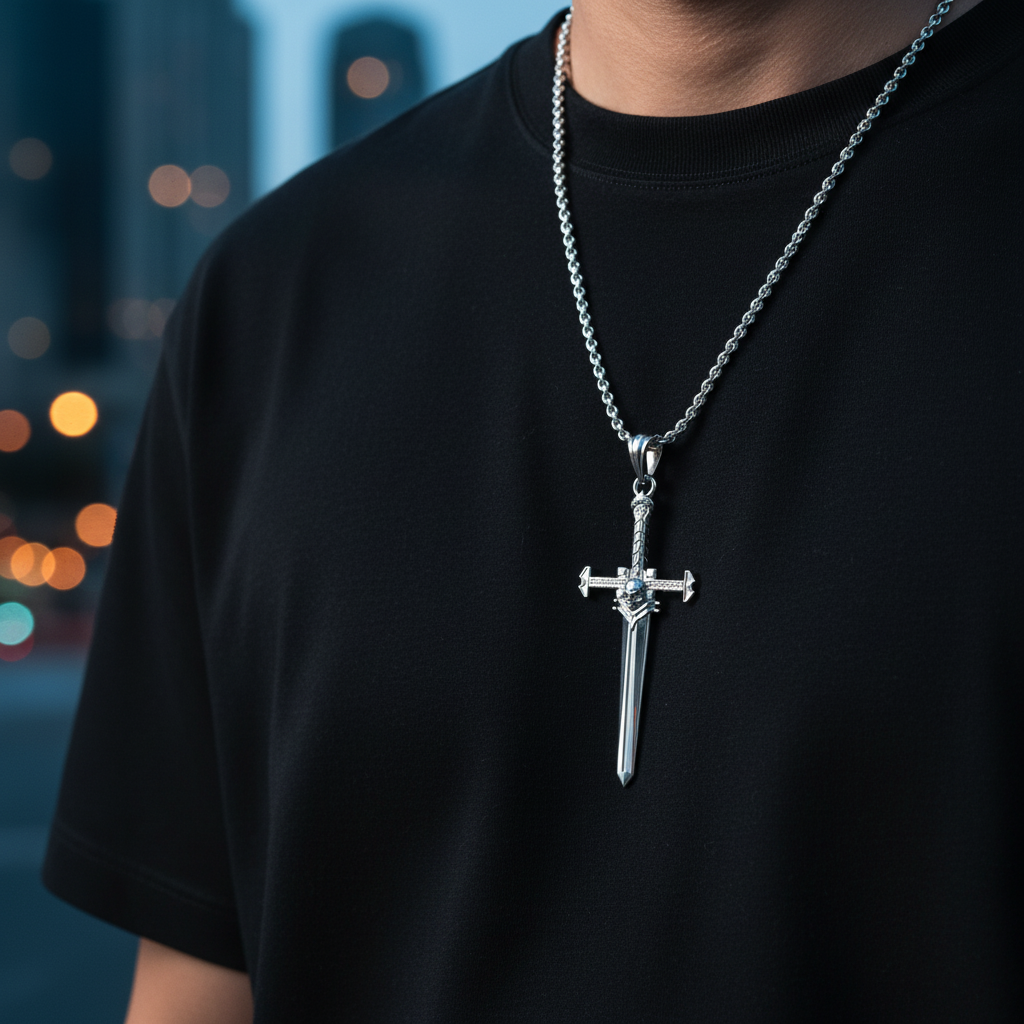 Person wearing a black t-shirt with a silver cross pendant necklace against a blurred cityscape background.