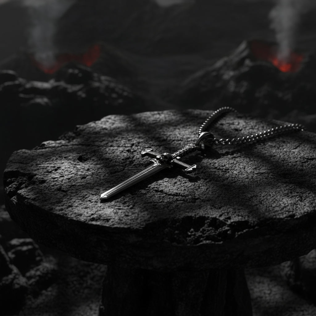 Silver cross necklace on a dark stone surface with a fiery background