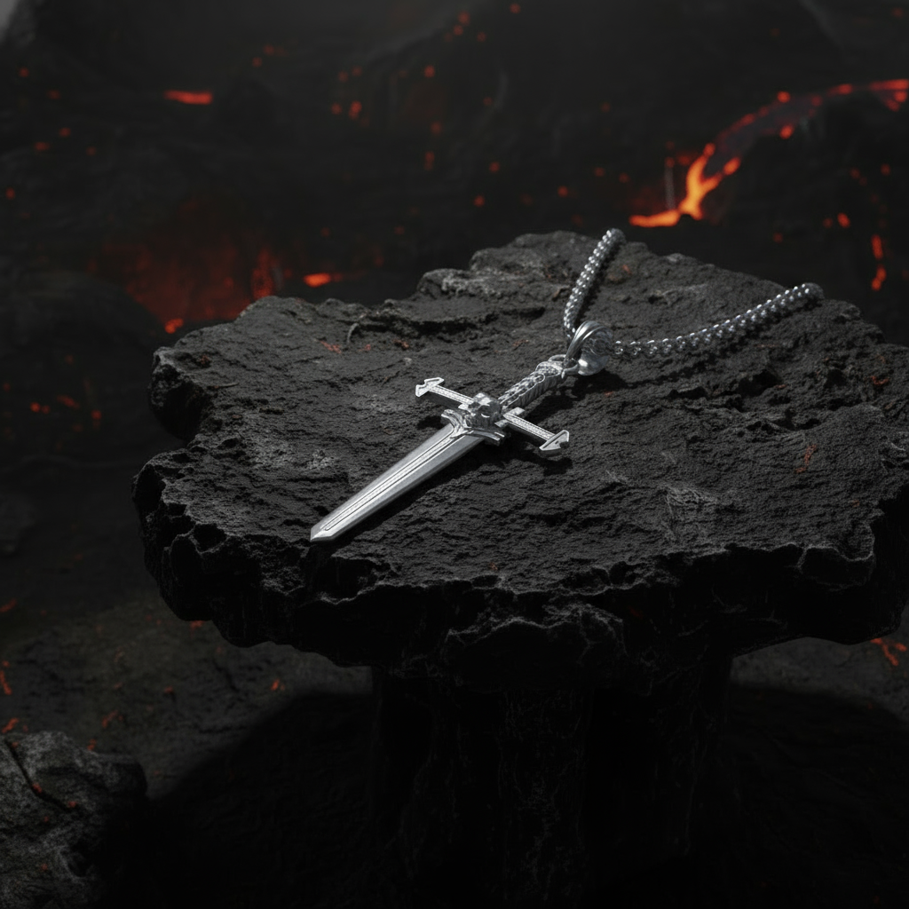 Silver sword-shaped pendant on a dark rock with fiery background