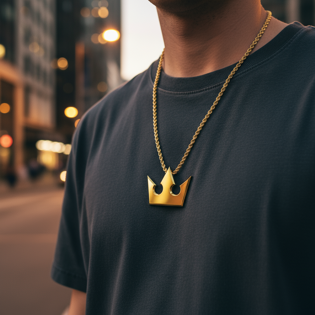 Crown of Light Pendant in 14K Gold worn on a man's neck in the city, showcasing its stylish design and gold finish.