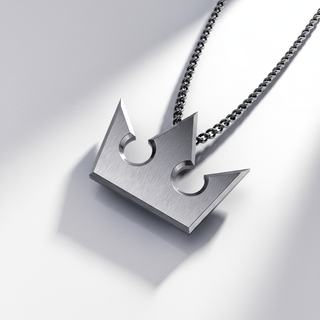 A silver pendant with a crown design hanging from a chain, displayed against a background featuring a character from the video game 'Kingdom Hearts'.