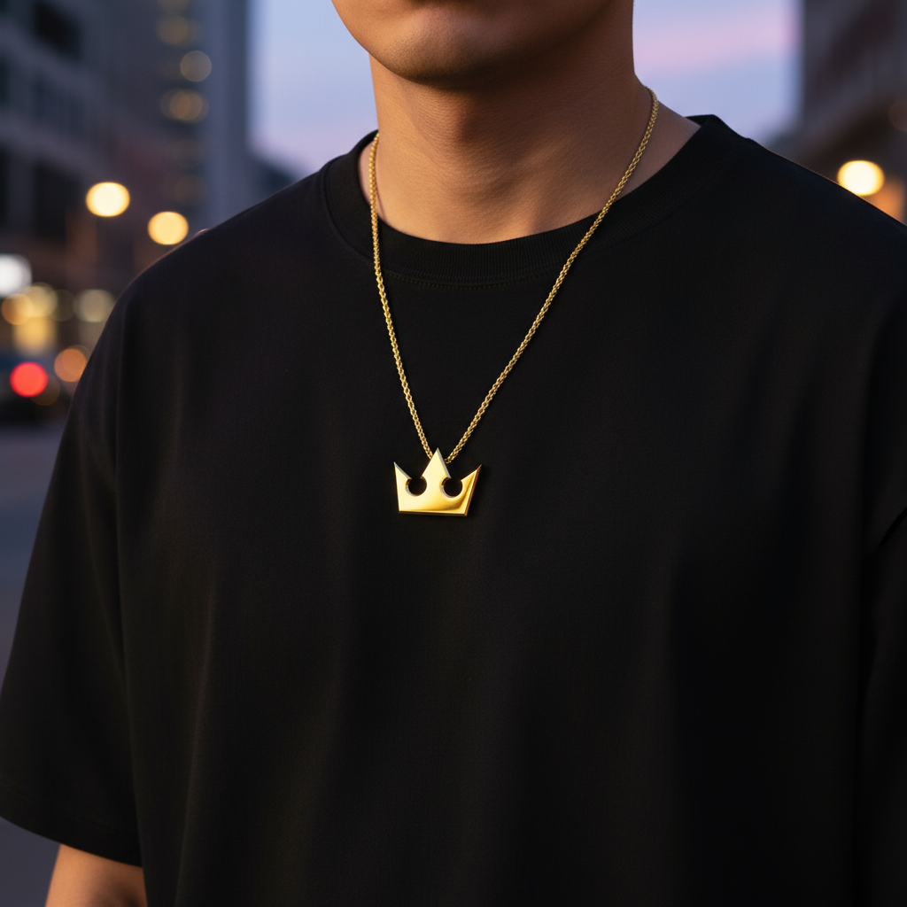 Crown of Light Pendant in 14K Gold worn by a person, showcasing the gold crown design on a chain.