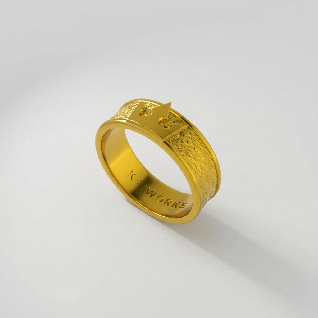 A gold ring with a crown design on top, featuring small gemstones on the sides, displayed against a background with a black and white illustration.