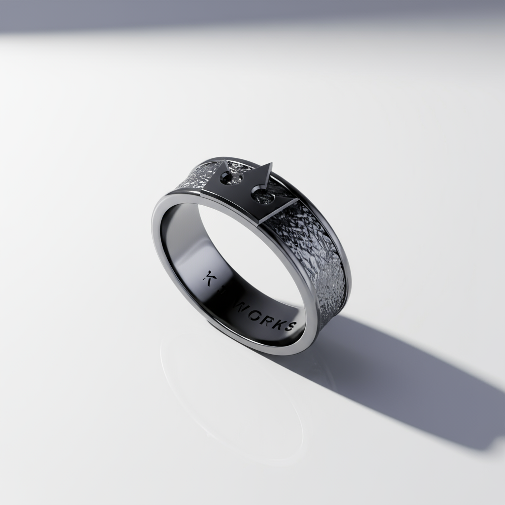 A silver ring with a crown design on top, featuring small gemstones on the sides, displayed against a background with a black and white illustration.