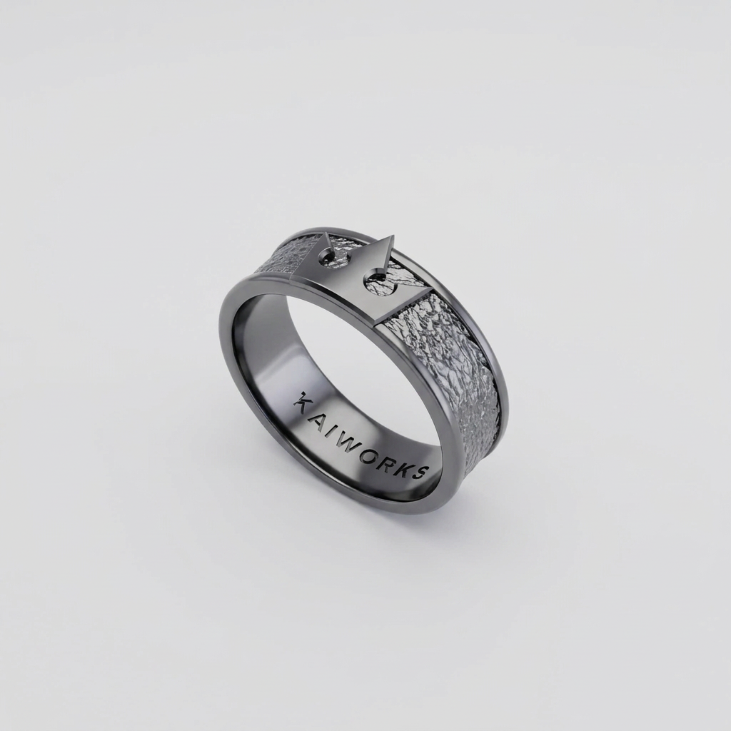 A silver ring with a crown design on top, featuring small gemstones on the sides, displayed against a background with a black and white illustration.