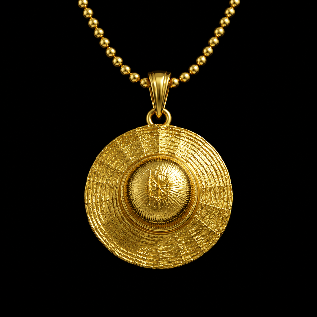 Gold pendant necklace on a dark background