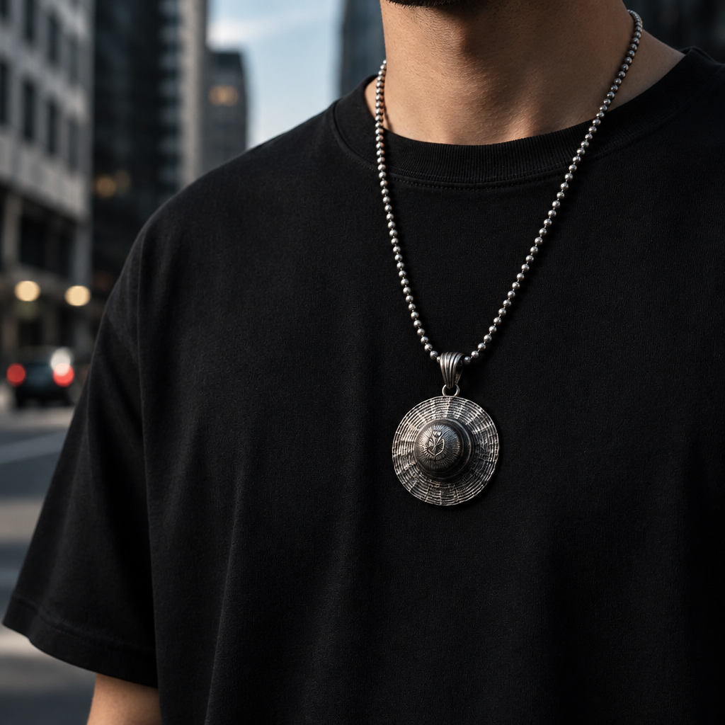 Person wearing a black t-shirt with a long necklace featuring a large pendant against a blurred cityscape background.