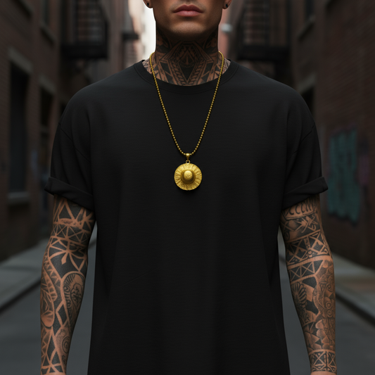 Person wearing a black t-shirt with a gold necklace in an urban setting