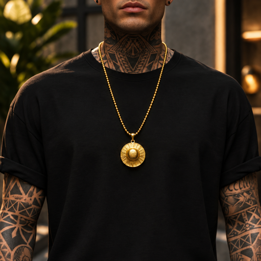 Person wearing a black t-shirt with a gold necklace in an urban setting