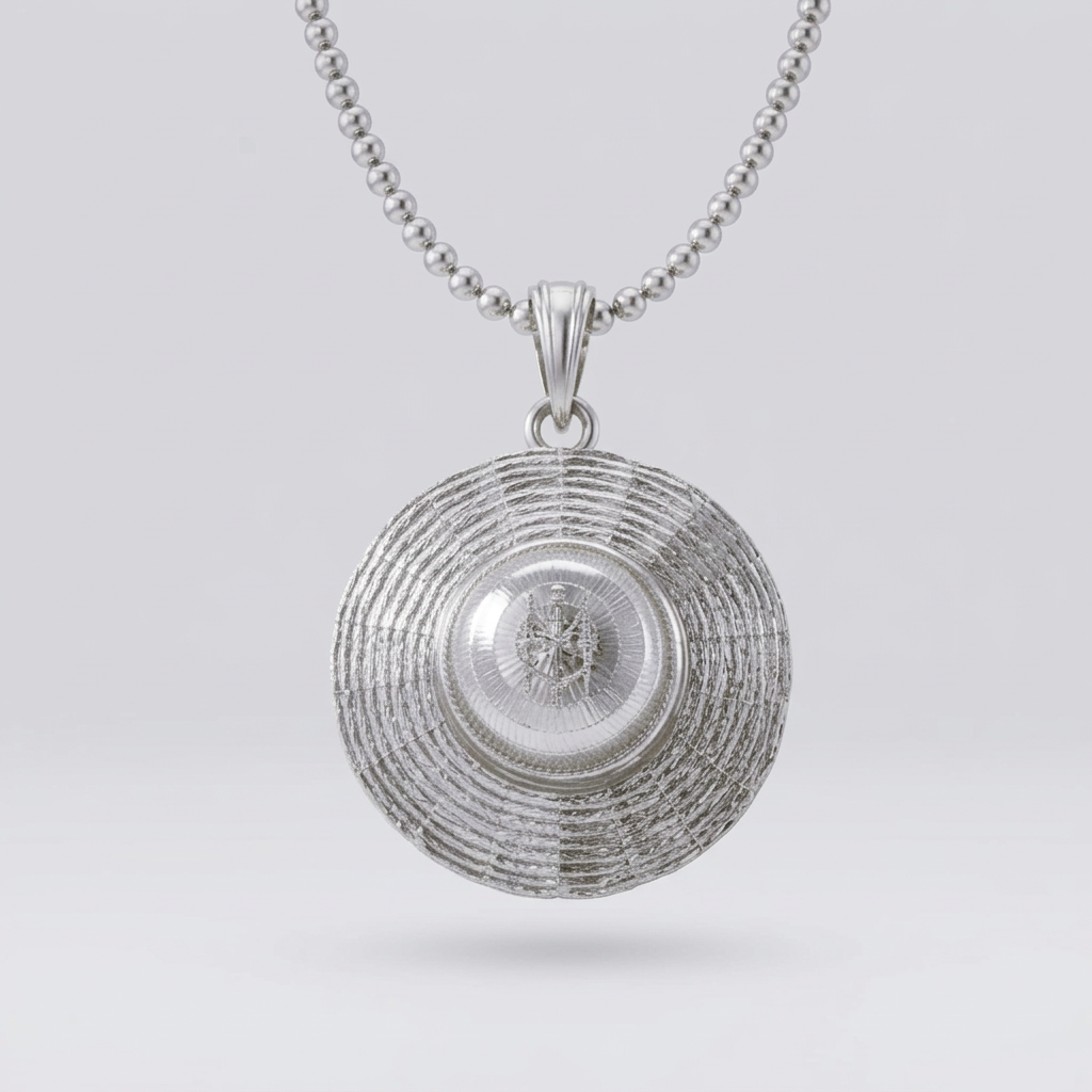 Silver necklace with a detailed pendant on a light gray background