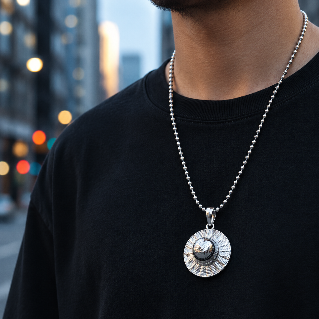 Person wearing a black t-shirt with a silver necklace featuring a round pendant on a blurred city street background.