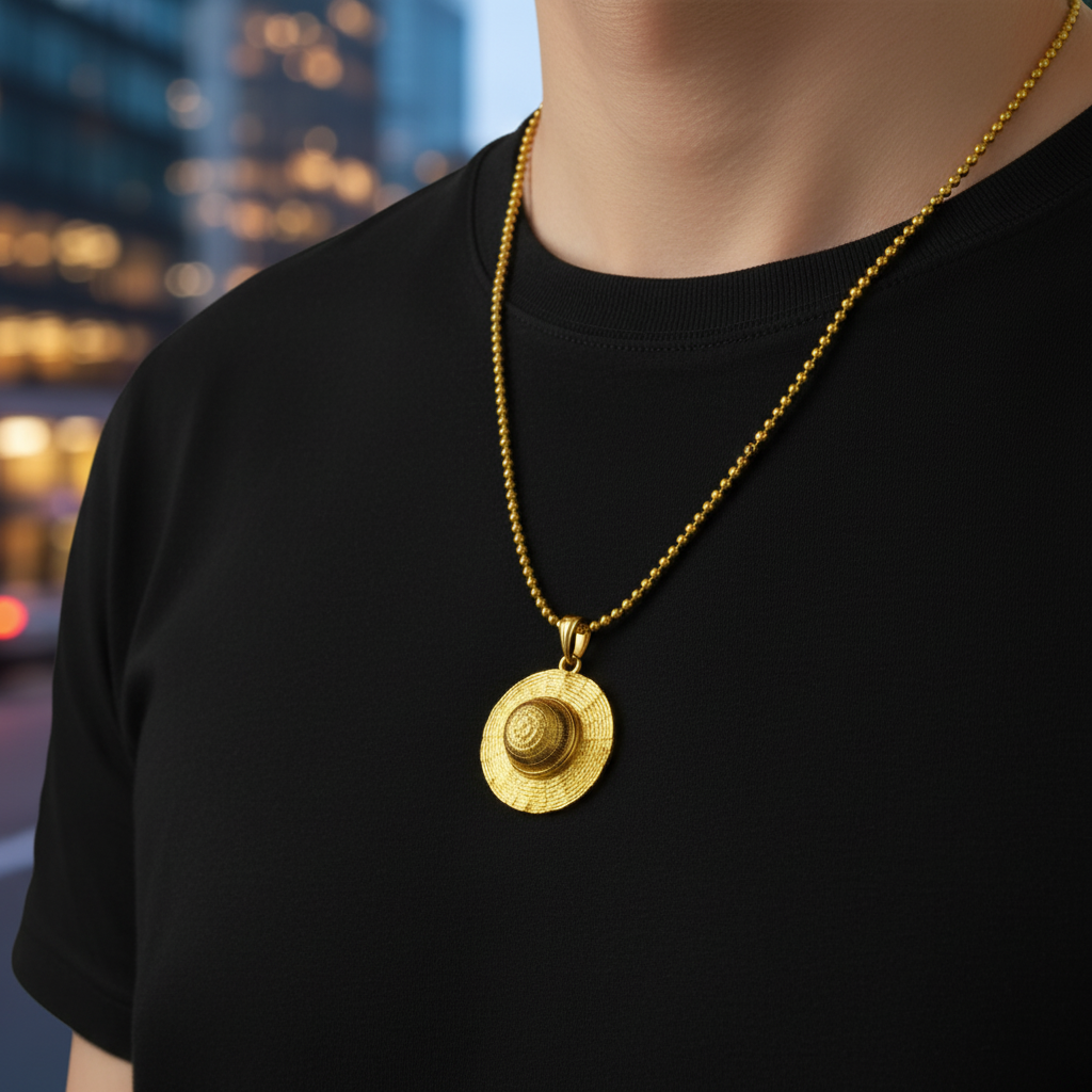 Person wearing a gold necklace with a round pendant against a blurred cityscape background