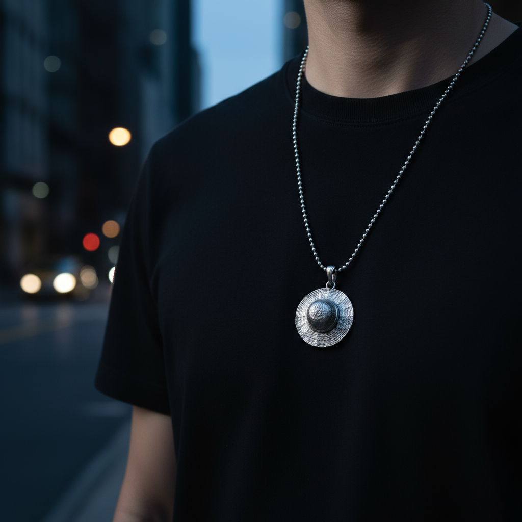 Person wearing a black shirt with a silver necklace featuring a large pendant on a blurred city street background.