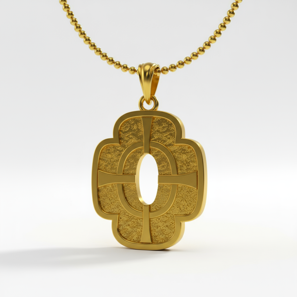 A 14K gold pendant with a geometric design, featuring a bronze core and a red border, displayed on a wooden surface with a gold chain.