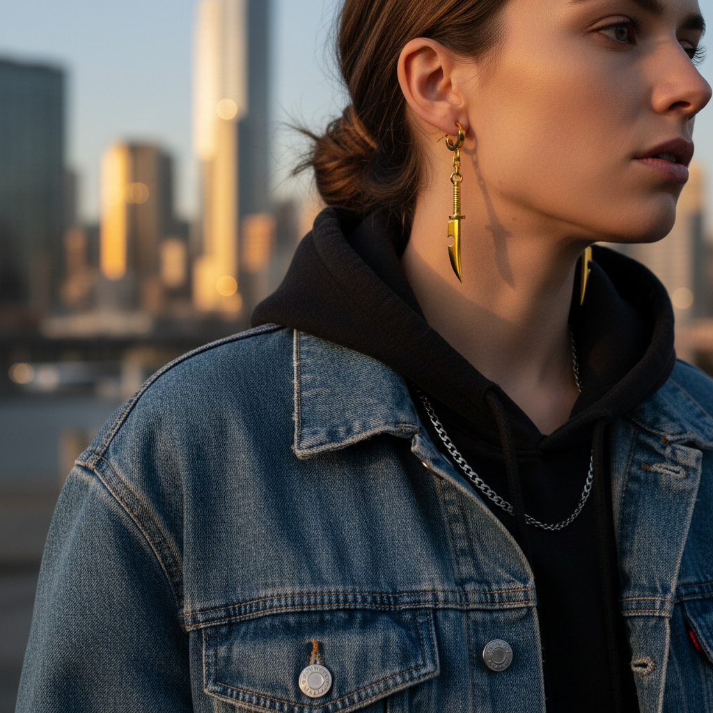 Person wearing a denim jacket with a cityscape in the background