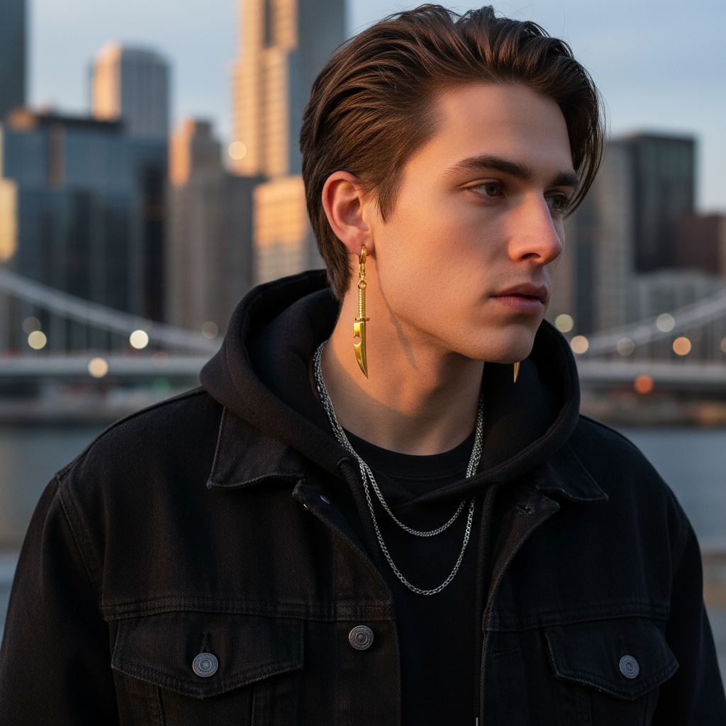 Person wearing a black jacket with a cityscape in the background