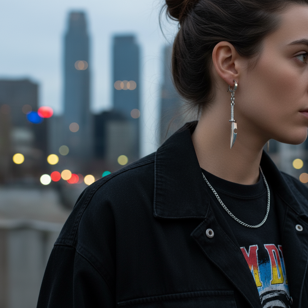 Woman wearing a black jacket with a cityscape in the background