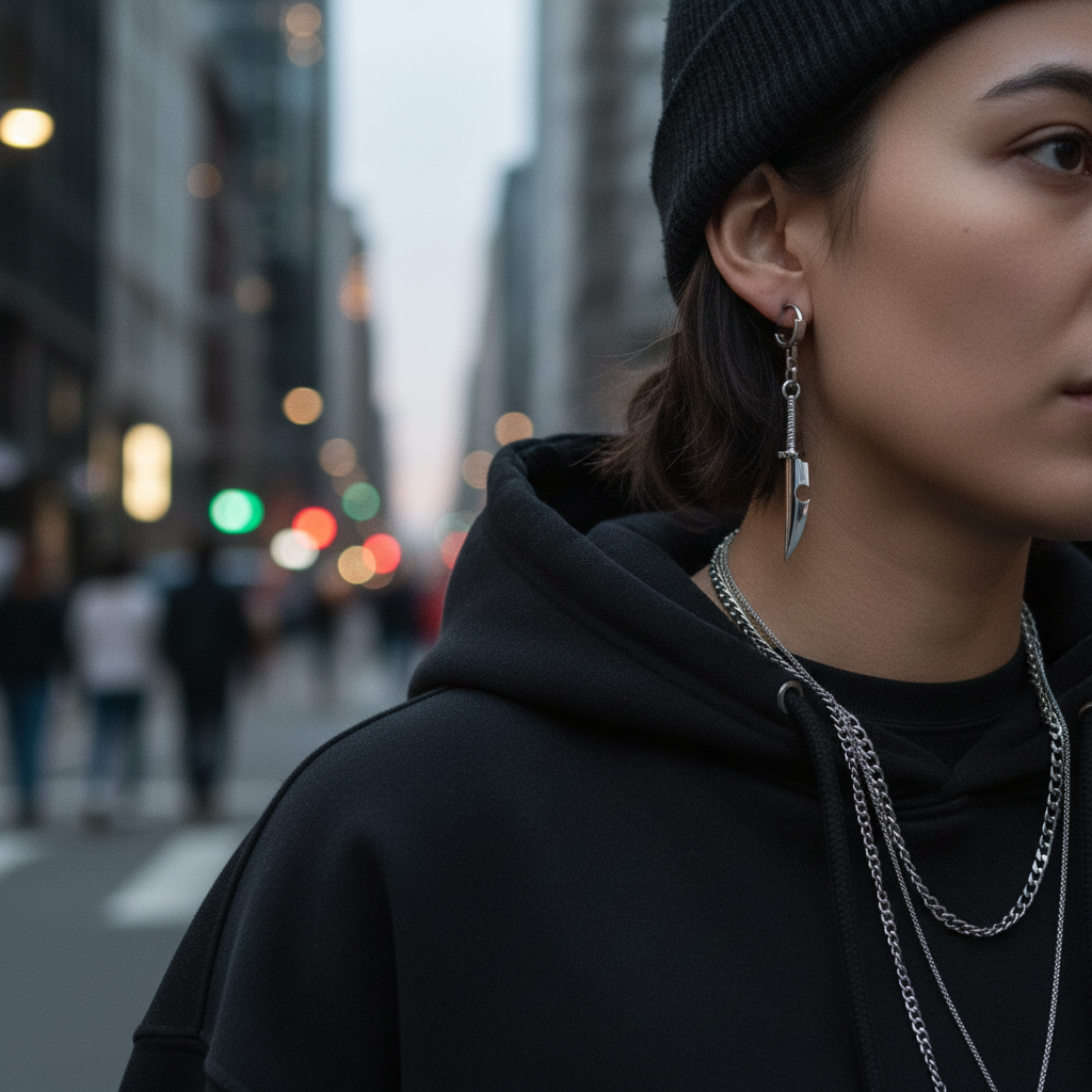 Person wearing a black hoodie and beanie with a blurred city street background