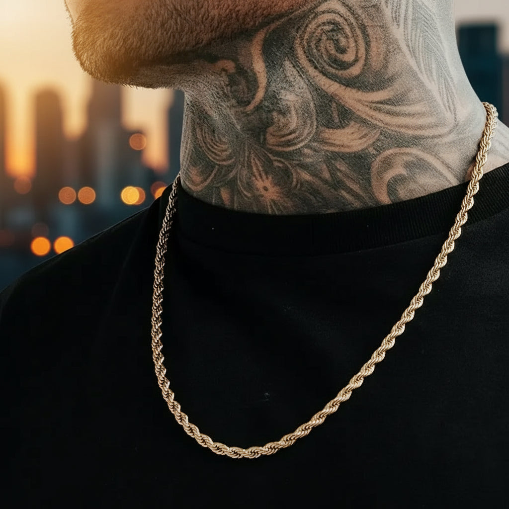 Gold chain necklace worn by a person with tattoos on their neck.