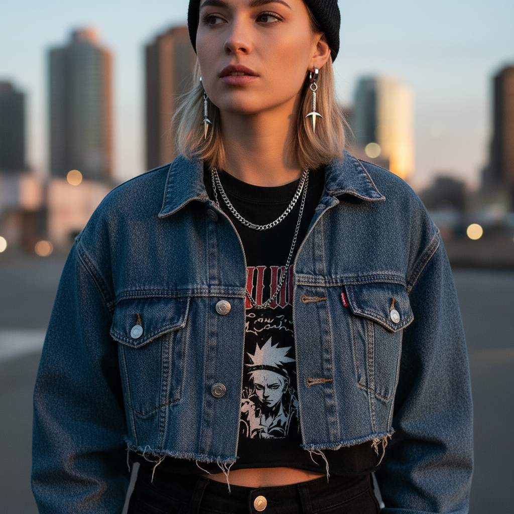 Woman wearing Thunder Kunai Earrings in 14K Gold, denim jacket, and beanie, city skyline in the background.