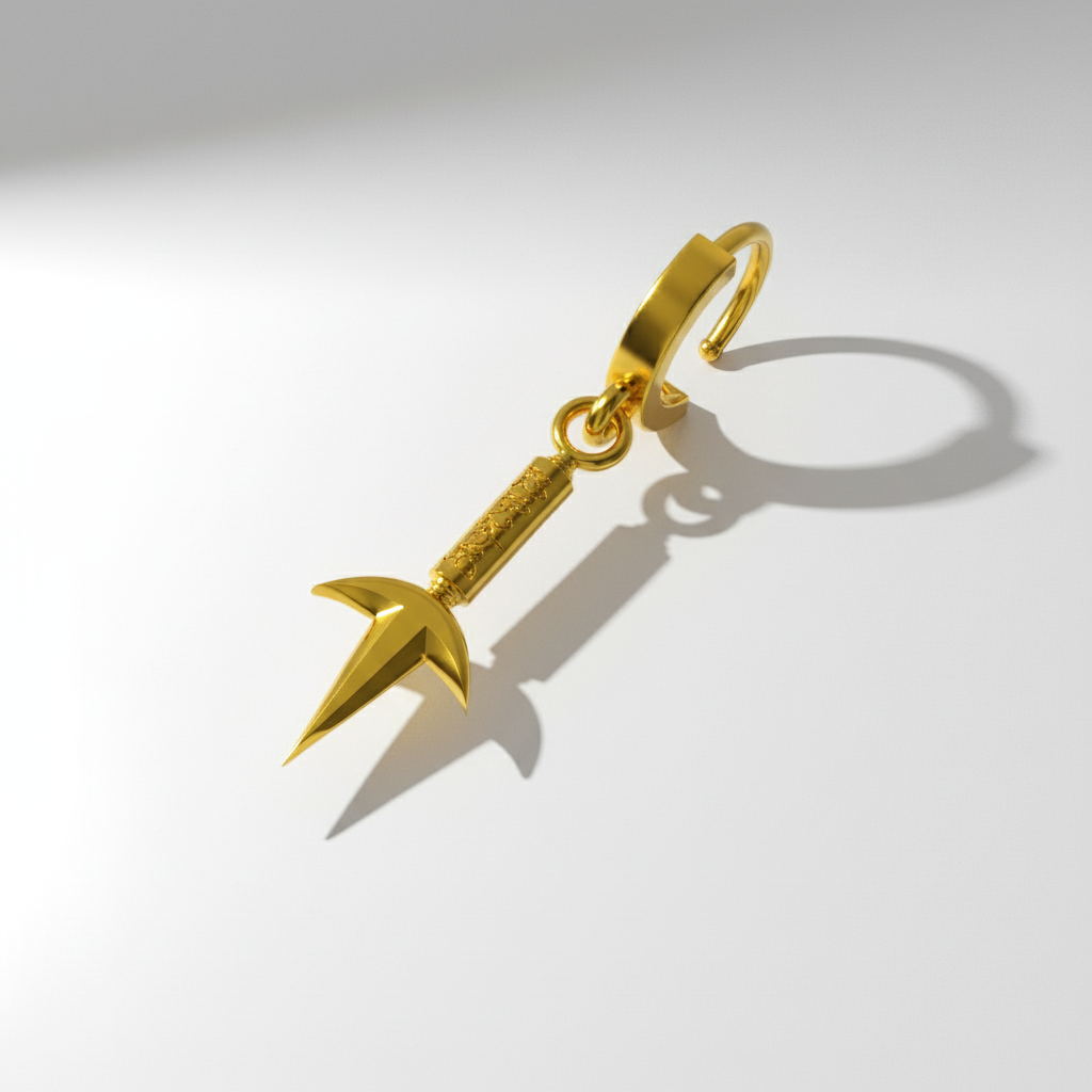 A pair of silver hoop design kunai earrings against a blurred background featuring elements associated with anime.