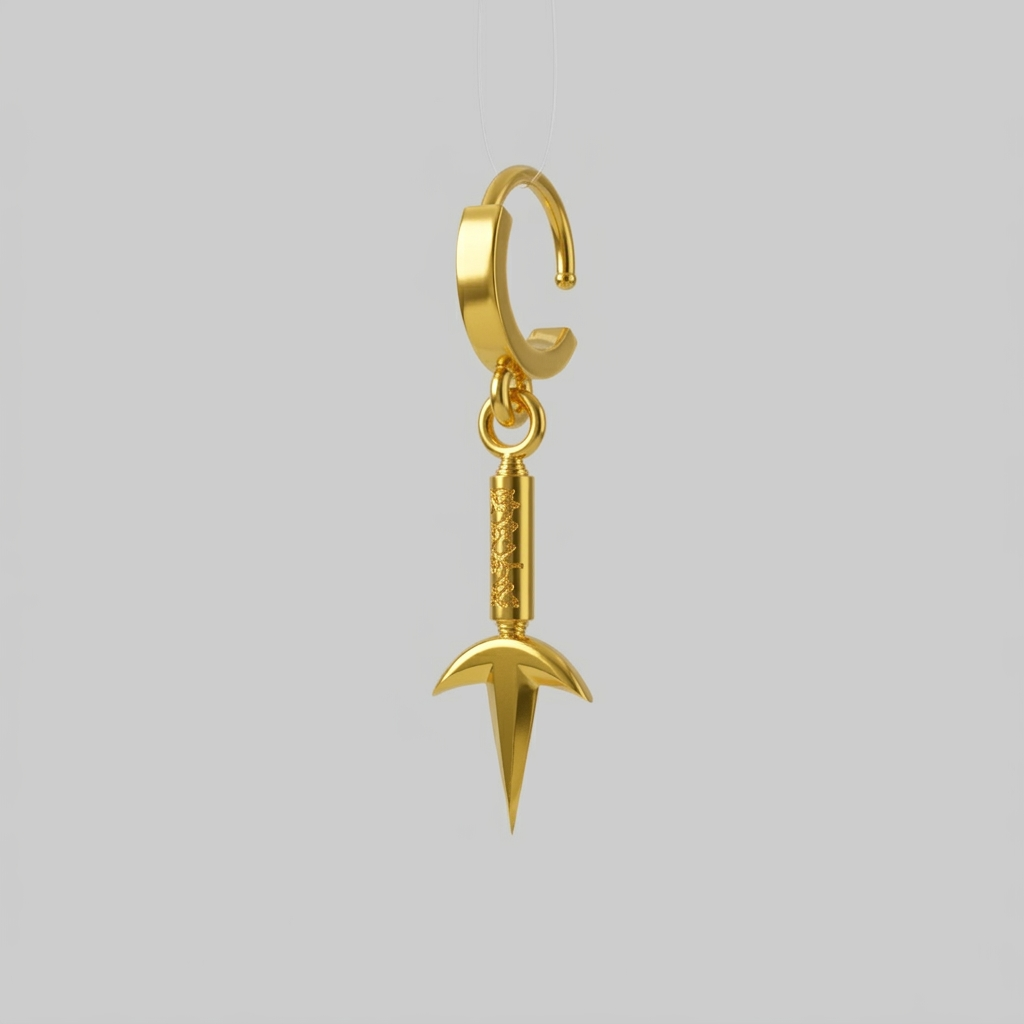 A pair of silver hoop design kunai earrings against a blurred background featuring elements associated with anime.