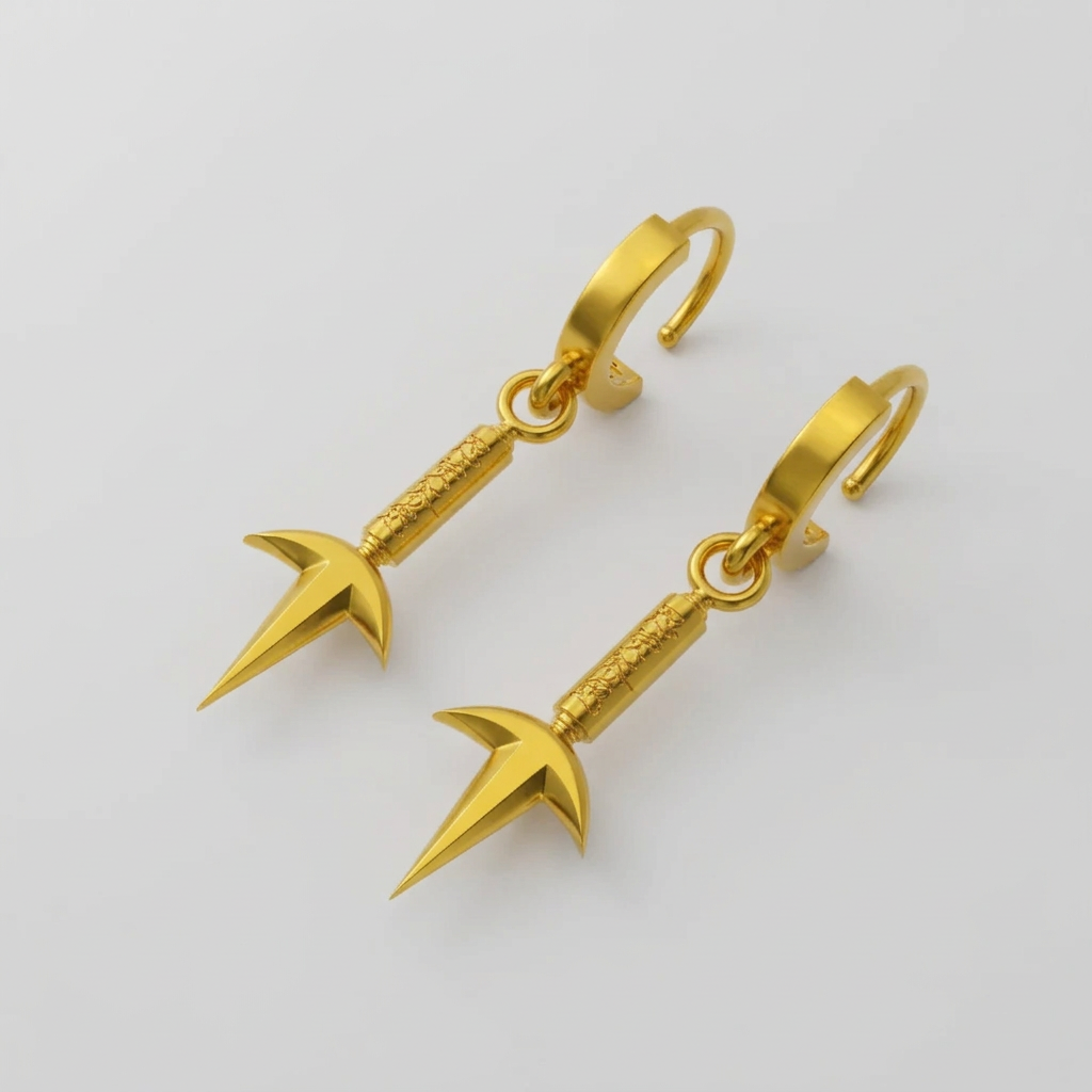 A pair of silver hoop design kunai earrings against a blurred background featuring elements associated with anime.