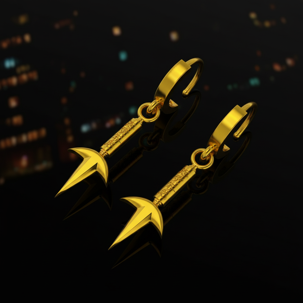 Thunder Kunai Earrings in 14K Gold displayed against a night city backdrop, showcasing their unique hoop design.