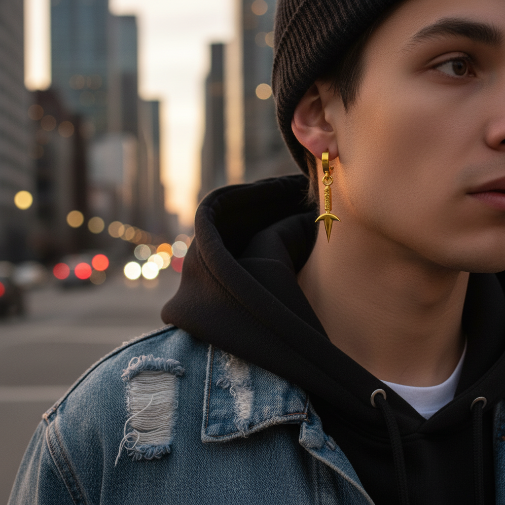 Person wearing Thunder Kunai Earrings in 14K Gold, urban background, showcasing modern hoop design.