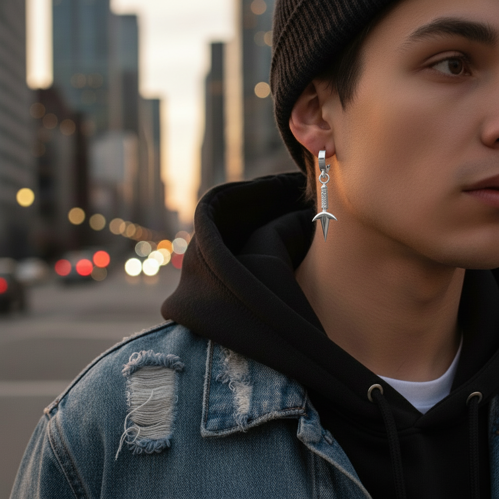 Model wearing Thunder Kunai Earrings in 14K Gold, showcasing style and urban fashion.