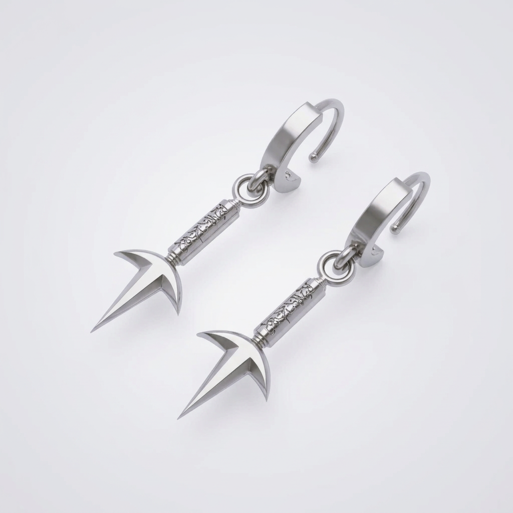 A pair of silver hoop design kunai earrings against a blurred background featuring elements associated with anime.