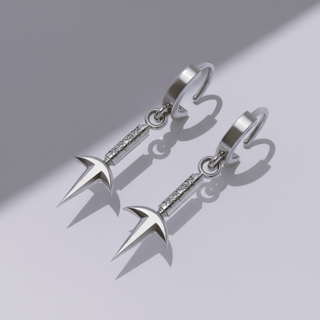 A pair of silver hoop design kunai earrings against a blurred background featuring elements associated with anime.