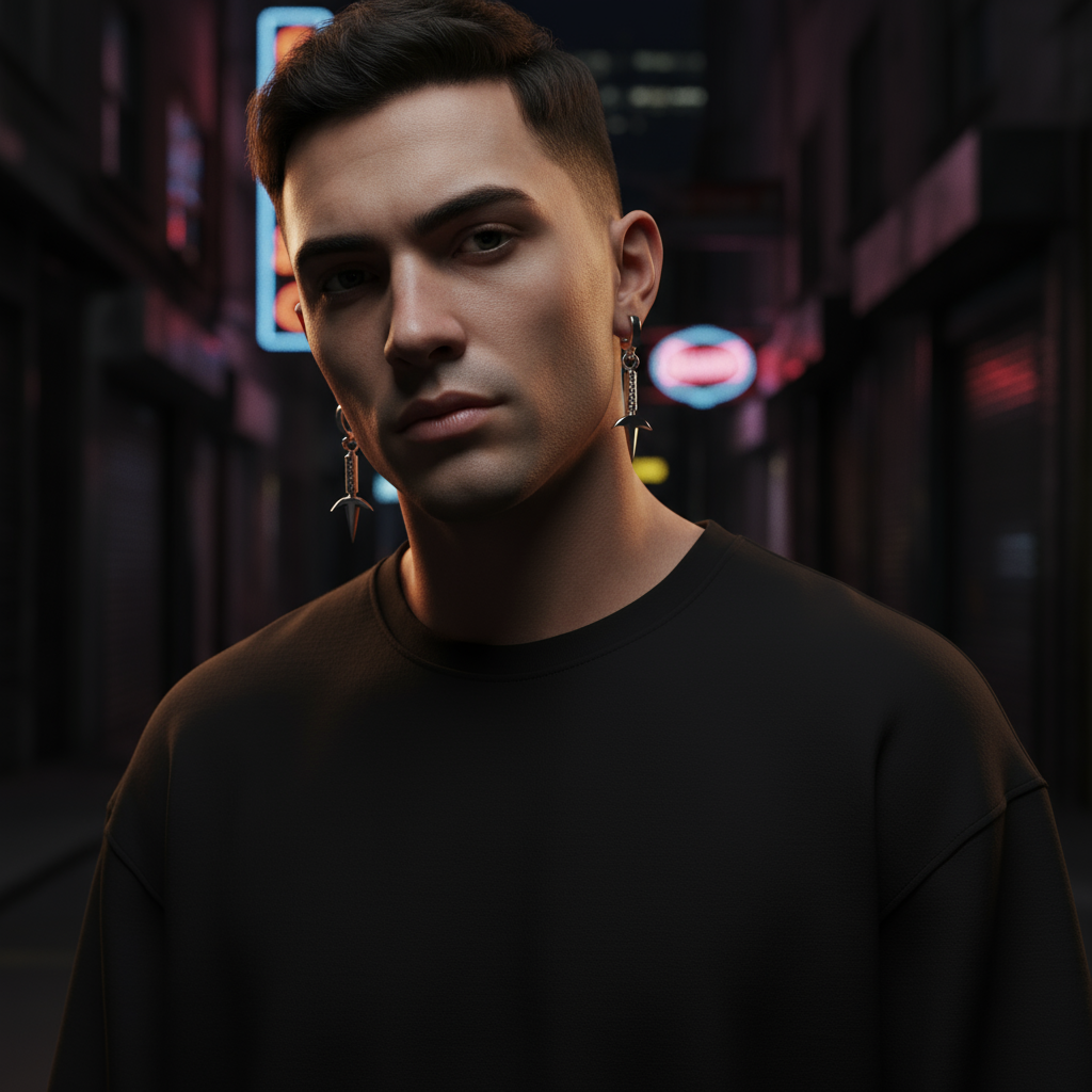Thunder Kunai Earrings in 14K Gold worn by a man in a dark urban setting.