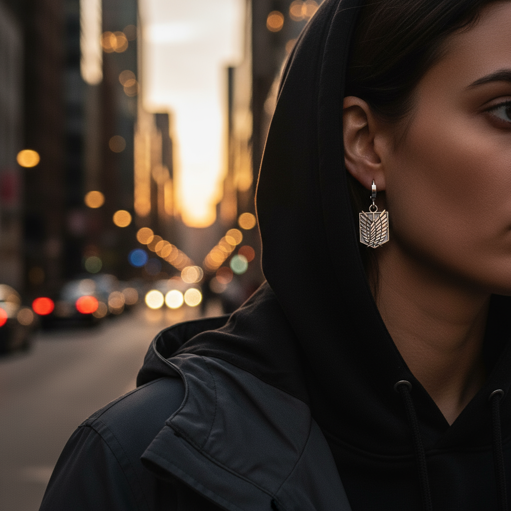 Wings of Valor Earrings in 14K Gold worn by a model in an urban setting with blurred city lights.