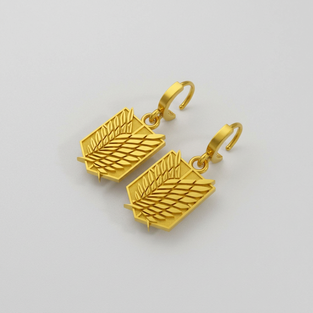 A pair of 14K gold earrings featuring a winged design, set against a dark textured background.