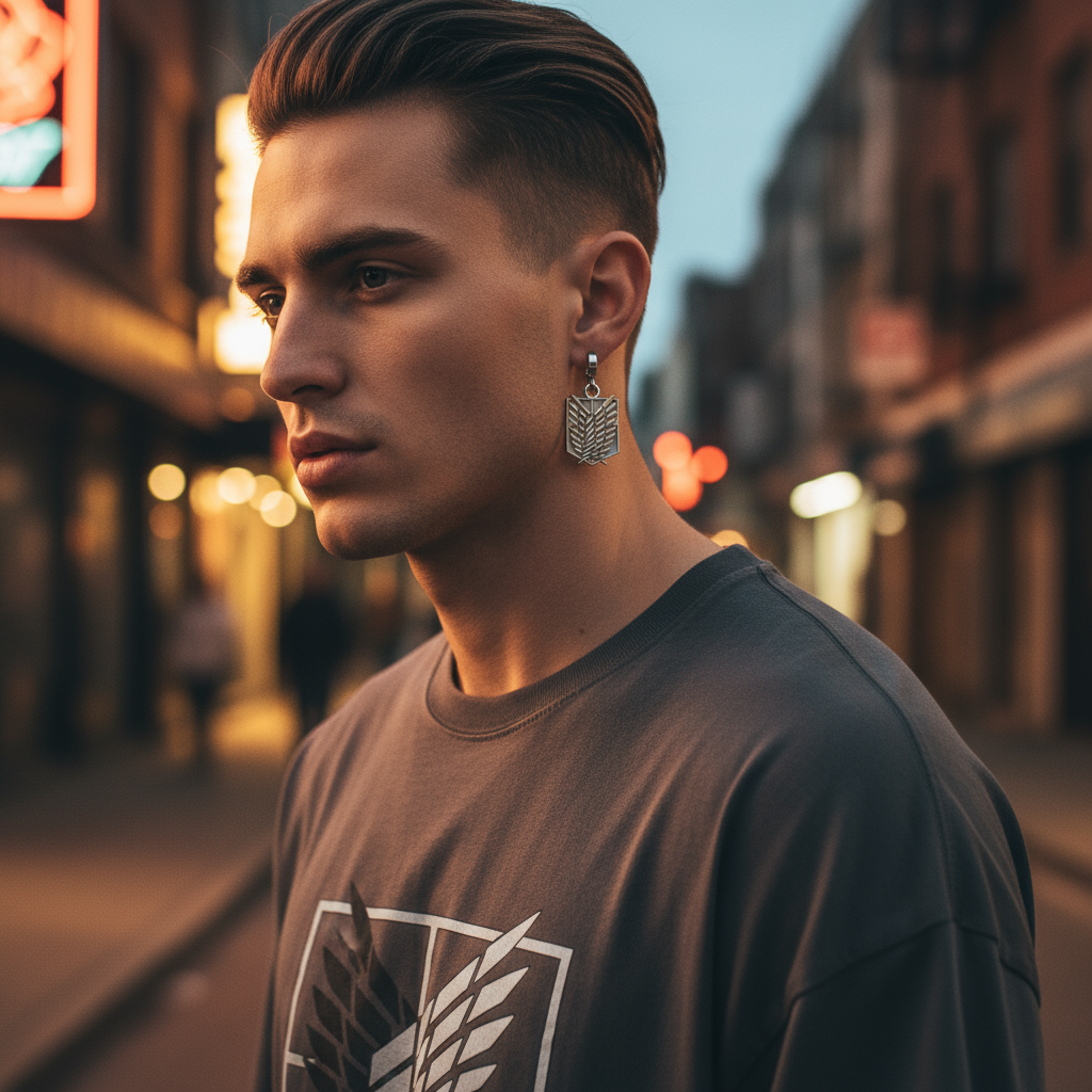 Wings of Valor Earrings in 14K Gold worn by a man in an urban setting during twilight.