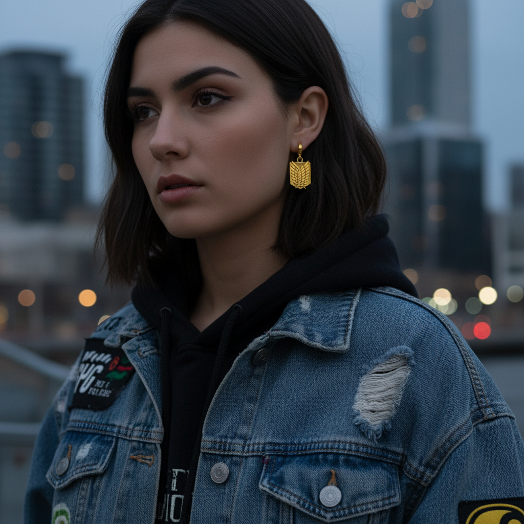 Wings of Valor Earrings in 14K Gold worn by a young woman with a denim jacket and urban backdrop.