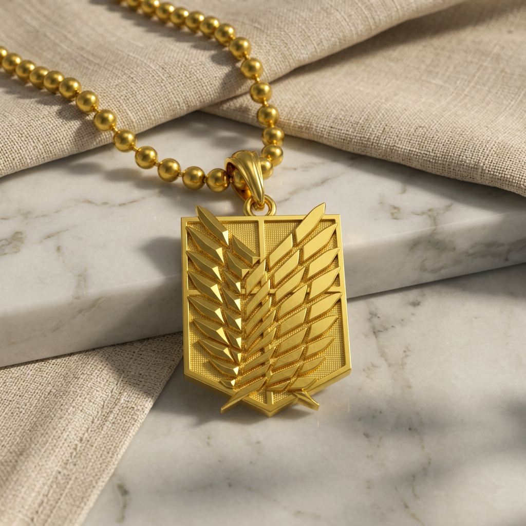 Gold necklace with a detailed pendant on a white background