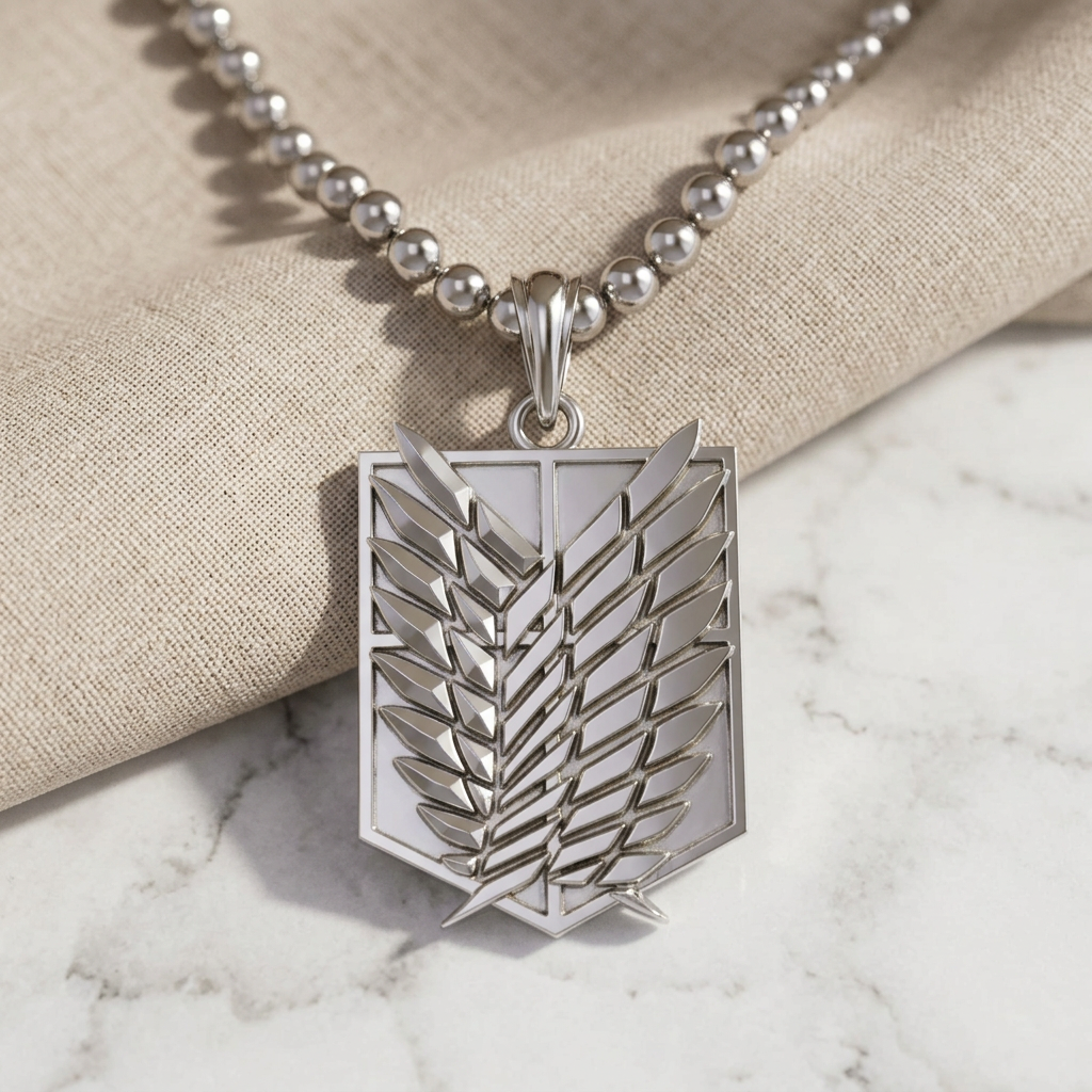 Silver necklace with a detailed pendant on a light gray background