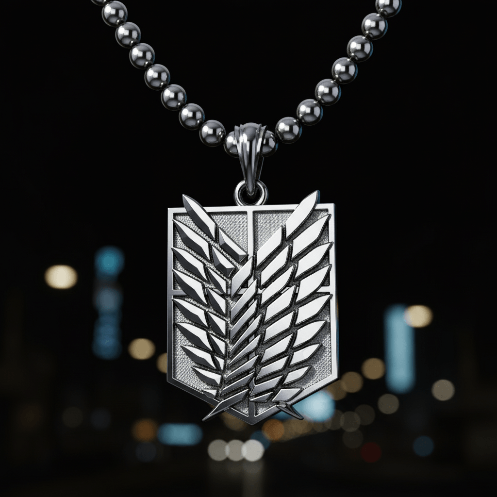 A silver pendant with intricate wing design, displayed against a textured background reminiscent of a cityscape at dusk.